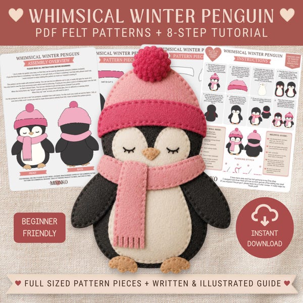 Winter Penguin Felt Ornament, Easy Sewing Pattern, DIY Craft Template, Handmade Christmas Gift