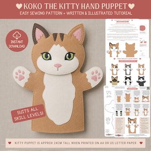 May include: A Koko the Kitty hand puppet sewing pattern featuring a tan and white felt cat design with green eyes and pink paw pads. The digital file includes written and illustrated instructions, with a finished height of 24 cm.
