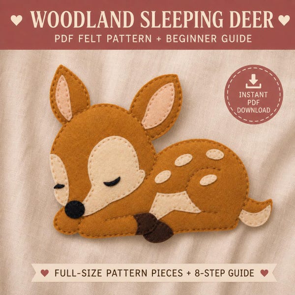 Felt Deer Applique Pattern, Woodland Animal Template, Beginner Sewing PDF Easy Project