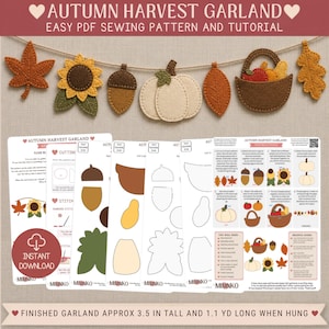 Autumn Felt Garland Easy Sewing Pattern, Beginner Fall Harvest Appliqué PDF, Pumpkin Sunflower Banner