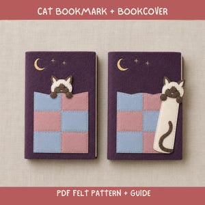 May include: Two dark purple felt book covers featuring a cat design. One cover shows a cat head peeking over a pink and blue checkered blanket. The other shows a full-length cat bookmark with a tail. Both feature a yellow crescent moon and stars.