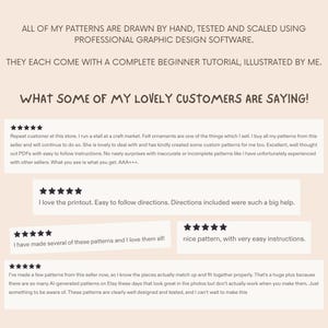 May include: A light-colored informational graphic featuring text stating that patterns are hand-drawn and professionally scaled with beginner tutorials. Below, five customer reviews are displayed, each accompanied by five black star icons.