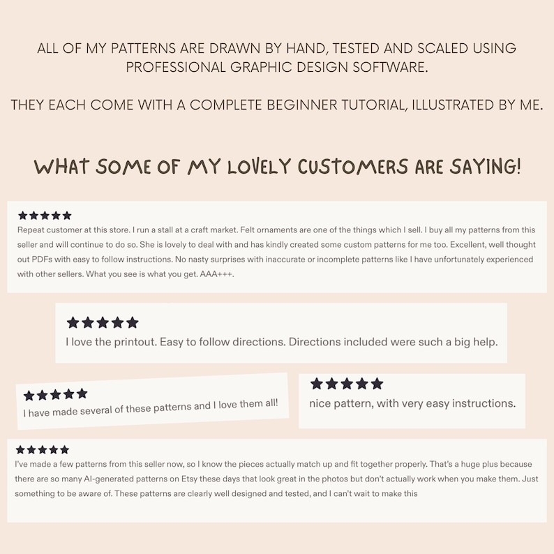 May include: A light-colored informational graphic featuring text stating that patterns are hand-drawn and professionally scaled with beginner tutorials. Below, five customer reviews are displayed, each accompanied by five black star icons.
