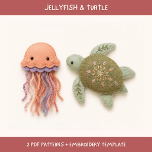 May include: A felt jellyfish and turtle craft set featuring the text JELLYFISH & TURTLE and 2 PDF PATTERNS + EMBROIDERY TEMPLATE. The peach jellyfish has purple accents and multi-coloured yarn tentacles. The green turtle has floral embroidery.