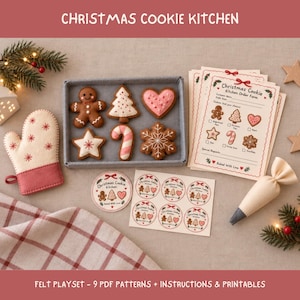 May include: A Christmas Cookie Kitchen felt playset featuring a grey tray with six felt cookies: a gingerbread person, tree, heart, star, candy cane, and snowflake. Includes a felt oven mitt, a piping bag, order forms, and sticker sheets.