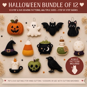 Halloween Felt Ornament Sewing Patterns Bundle PDF SVG Beginner Ghost Witch Pumpkin Bat Cat Raven