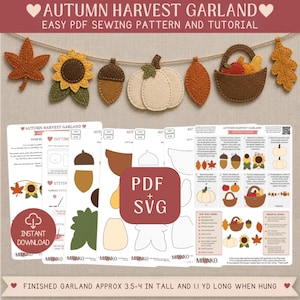 Autumn Felt Garland Easy Sewing Pattern, Beginner Fall Harvest Appliqué PDF SVG, Pumpkin Sunflower Banner