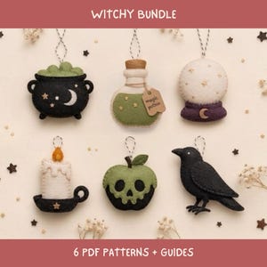 May include: A set of six felt ornaments featuring a black cauldron with a moon, a green potion bottle labeled magic potion, a white crystal ball, a candle in a black holder, a green skull apple, and a black crow, all with hanging strings.