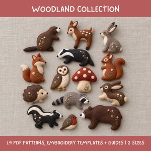 May include: A collection of felt woodland animal and mushroom shapes featuring embroidered floral details. The set includes a beaver, deer, rabbit, badger, fox, owl, squirrel, hedgehog, raccoon, skunk, bird, and bear. Text reads: WOODLAND COLLECTION.