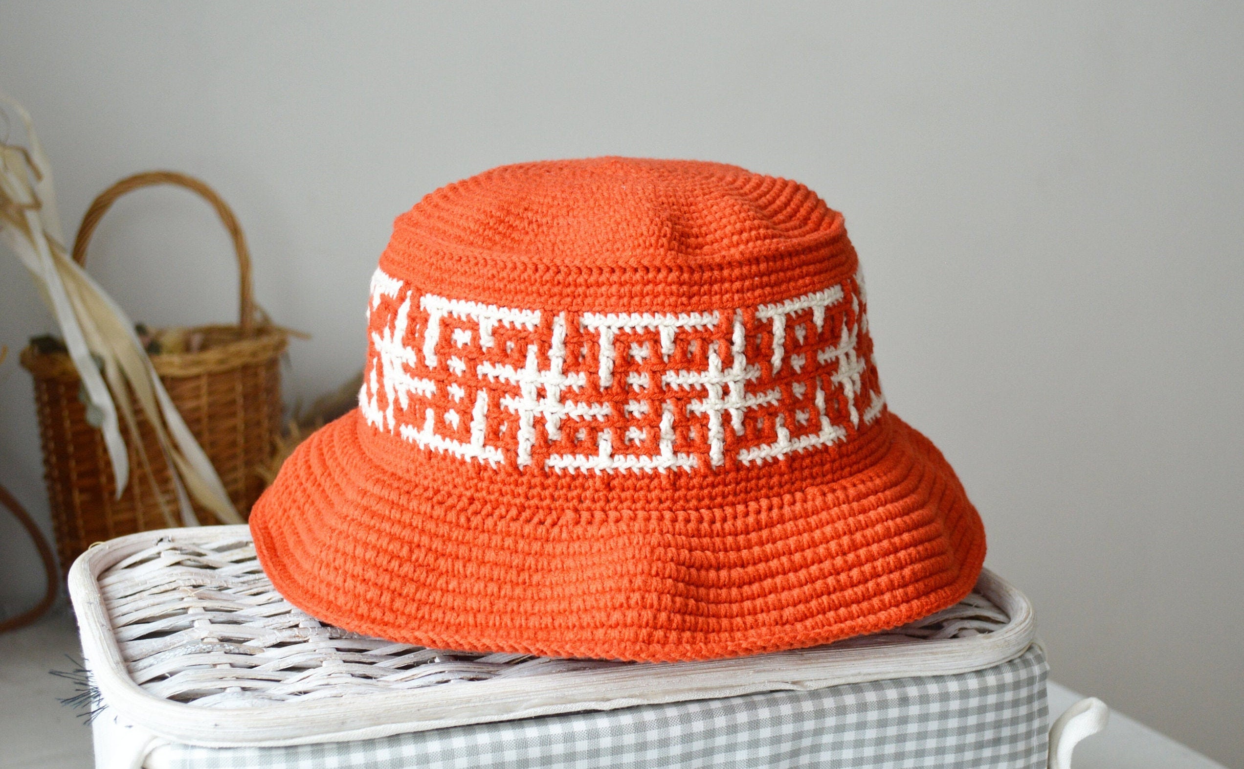 Crochet large bucket hat hashtags in orange Etsy