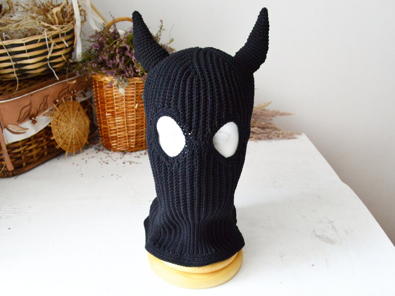 Custom Devil Horns Ski Mask Hat Crochet Eyes Balaclava Etsy UK