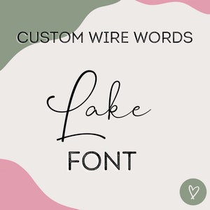 Könnte beinhalten: Individuelle Drahtwortkunst in einer kursiven Schriftart, die "Lake" sagt, mit dem Wort "FONT" darunter. Der Hintergrund ist hellgrau mit rosa und grünen abstrakten Formen.