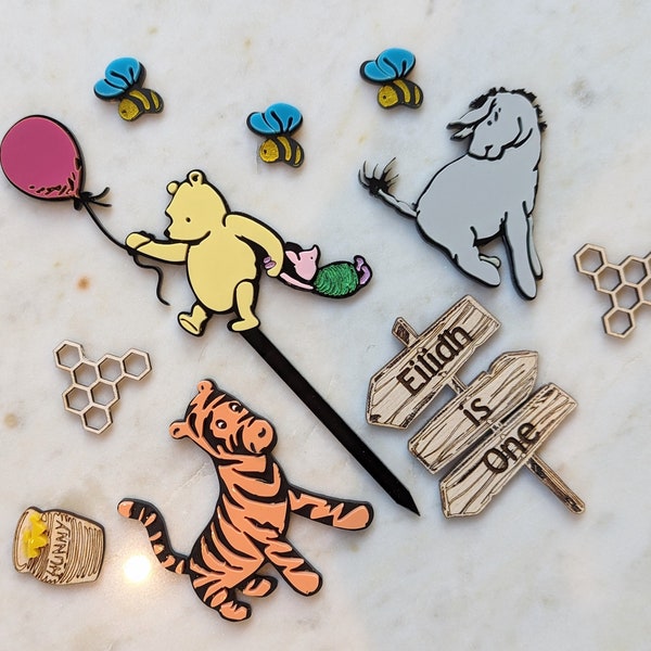 Personalised Vintage Winnie The Pooh Friends Cake Set | Cake Topper | Cake Charm | Acrylic Cake Topper | Piglet | Tigger | Eyore | UK Seller