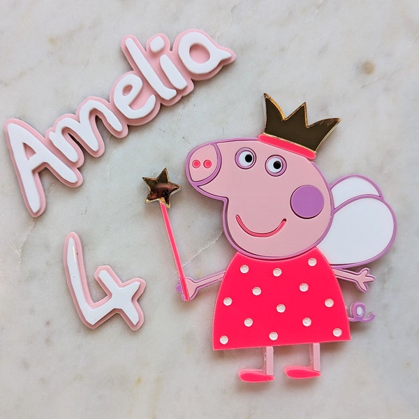 Peppa Pig Fairy Cake Topper | Peppa Pig Fairy Cake Charm | Double Layer Personalised Acrylic Charm | Name | Number | UK Seller