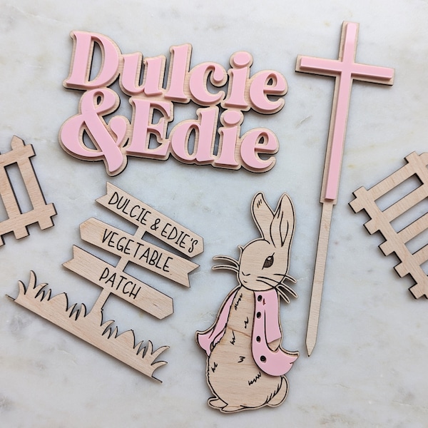 Peter Rabbit Christening Cake Set | Personalised Cake Charm | Flopsy Cake Set | Wooden Cake Topper | Cross | Acrylic Cake Topper | UK Seller