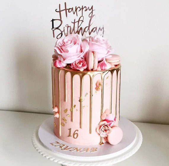 Gold Acrylic Cake Topper with Flower Design Happy Birthday Cake