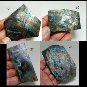 May include: Four pieces of labradorite gemstone, each with unique iridescent colors of blue, green, and gold. The stones are numbered 25, 26, 27, and 28. The stones are held in a person's hand.