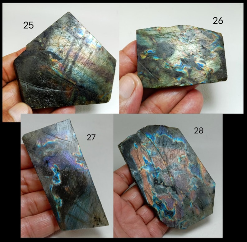 May include: Four pieces of labradorite gemstone, each with unique iridescent colors of blue, green, and gold. The stones are numbered 25, 26, 27, and 28. The stones are held in a person's hand.