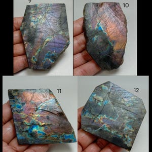May include: Four pieces of labradorite gemstone, each with unique patterns and colors. The stones display a mix of dark gray, purple, blue, and orange hues. The rough-cut edges and natural textures are visible, showcasing the raw beauty of the mineral.