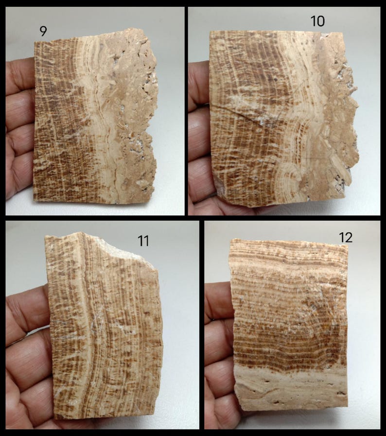 May include: Four rectangular slabs of banded stone labeled 9, 10, 11, and 12. Each piece features a natural pattern of alternating light beige and dark brown horizontal layers with a rough, uneven edge on one side of the stone surface.