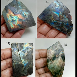 May include: Four pieces of raw labradorite gemstone, each with unique iridescent flashes of blue, green, and gold. The stones are held in a hand, showcasing their natural, rough-cut edges and varying shapes. The image is well-lit, highlighting the play of light on the mineral's surface.