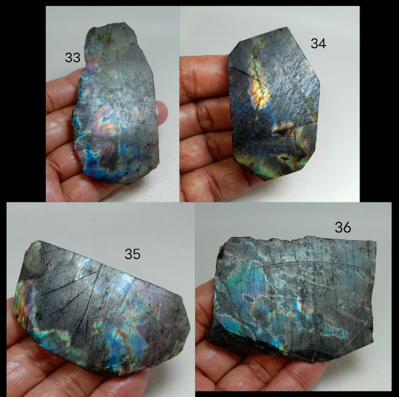 May include: Four pieces of raw labradorite gemstone, each with a unique shape and iridescent flash of color. The stones range in size and display a mix of blues, greens, and golds. Numbers 33, 34, 35, and 36 are visible on the stones.