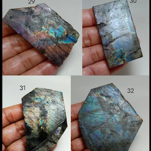 May include: Four pieces of raw labradorite gemstone, each held in a hand. The stones display a mix of dark gray, blue, purple, and iridescent colors. Each stone has a unique shape and texture, with visible natural patterns and inclusions. Numbers 29, 30, 31, and 32 are visible.