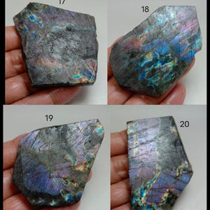 May include: Four pieces of raw labradorite gemstone, each with a unique shape and iridescent play of color. The stones display hues of blue, purple, and gold, with a rough, textured surface. Numbers 17, 18, 19, and 20 are visible on the stones.