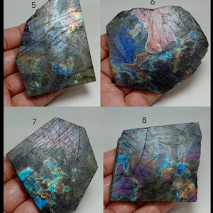 May include: Four pieces of raw labradorite gemstone, each with a unique shape and iridescent flash. The stones display a range of colors, including blues, greens, purples, and golds, set against a dark gray base. The rough texture and natural patterns are visible.