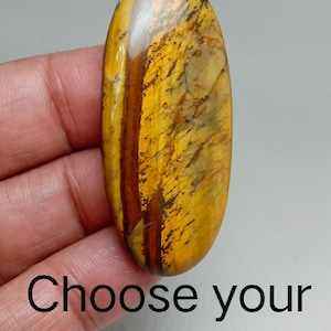 Peut inclure: Cabochon de forme ovale, aux couleurs jaune, marron et beige. La pierre polie présente des motifs naturels. Le texte sur l'image indique "Choose your cabs (#1-40)".