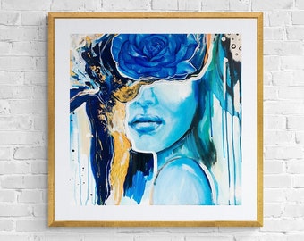 poster, print, home decor, wall art, art, decoration, fineart print, natural, blue gold, blue rose, woman, modern art