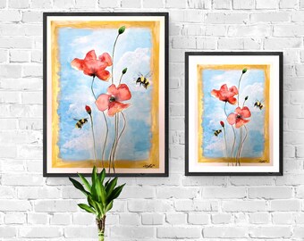 poster, Druck, Print, home decor, wall art, art, decoration, Fineart Print, natur, gold blau grün, Biene, Mohnblume