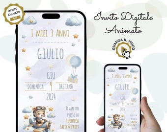 Invito digitale Animato o Statico, Compleanno Bimbo, Invito Compleanno, Festa, Invito Whatsapp, Orsetto Aviatore