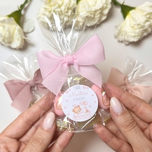 Sacchettini Bomboniera Bimba Trasparenti per Eventi Personalizzati, Stampa e Fiocco con Confetti, Nascita, Battesimo, Segnaposto
