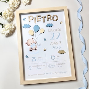 Quadretto Nascita con Nome e dettagli in Legno, Regalo nascita, Idea Nascita, Cornice,Baby Boy, Cameretta, Nuvolette in legno dipinte a mano