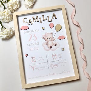 Quadretto Nascita Bimba con Nome e dettagli in Legno, Regalo nascita, Idea Nascita, Baby Girl,Cameretta, Nuvolette in Legno dipinte a mano
