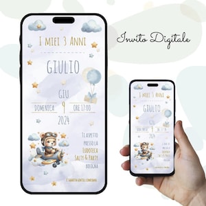 Invito digitale Animato o Statico, Compleanno Bimbo, Invito Compleanno, Festa, Invito Whatsapp, Orsetto Aviatore