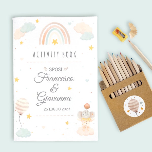 Wedding Bag Bimbi -  Activity Book -  Libro Attività per Bambini Personalizzato da Colorare - Kit disegno con Colori per Matrimoni e Feste