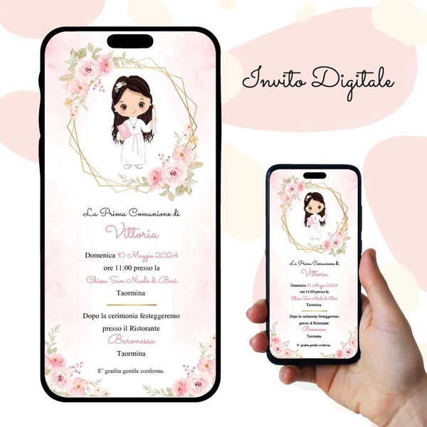 Invito digitale Prima Comunione, bambina con tunica, Invito Sacramento, Festa, Invito Whatsapp