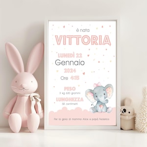 Quadretto Nascita Bimba Elefantino, Regalo nascita, Idea Nascita, Cornice, Baby Girl, Elefantino