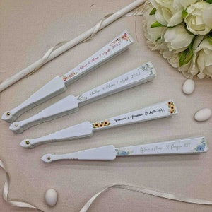 set of 10 Personalized White Wedding Fans with Names and Graphics