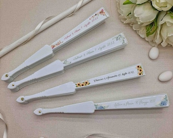 set of 10 Personalized White Wedding Fans with Names and Graphics