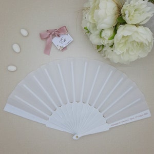 set of 10 White Personalized Wedding Fans with Names and Bow White Plastic and Fabric Fan image 7