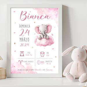 Quadretto Nascita Bimba Elefantino, Regalo nascita, Idea Nascita, Cornice, Baby Girl, Elefante e Nuvoletta, Decorazione Cameretta Bimba