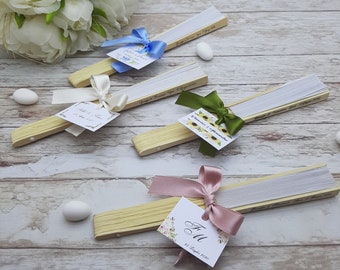 set da 10 Ventagli per Matrimonio Personalizzati Legno di Bambu' con Nomi e Fiocco e Pizzo Ventaglio Bambù