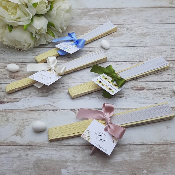 set da 10 Ventagli per Matrimonio Personalizzati Legno di Bambu' con Nomi e Fiocco e Pizzo Ventaglio Bambù