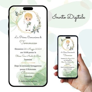 Invito digitale Prima Comunione, bambino con Tunica, Invito Sacramento, Festa, Invito Whatsapp