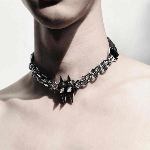 Collier ras de cou artisanal CX1 en édition limitée avec pointes et chaîne en cuir pour femme pour homme-STUDIOS MEKERA