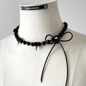 Leather Ribbon Necklace NR3 Onyx Spike bow punk grunge goth Limited Edition Handcrafted choker For women For men-MEKERA STUDIOS