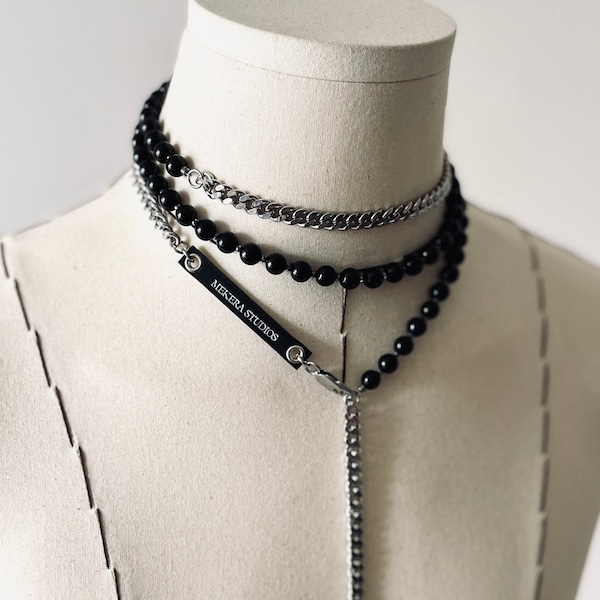 VXS6 Onyx Black Spinel Necklace Long chain Choker-MEKERA STUDIOS - for men for women black layered